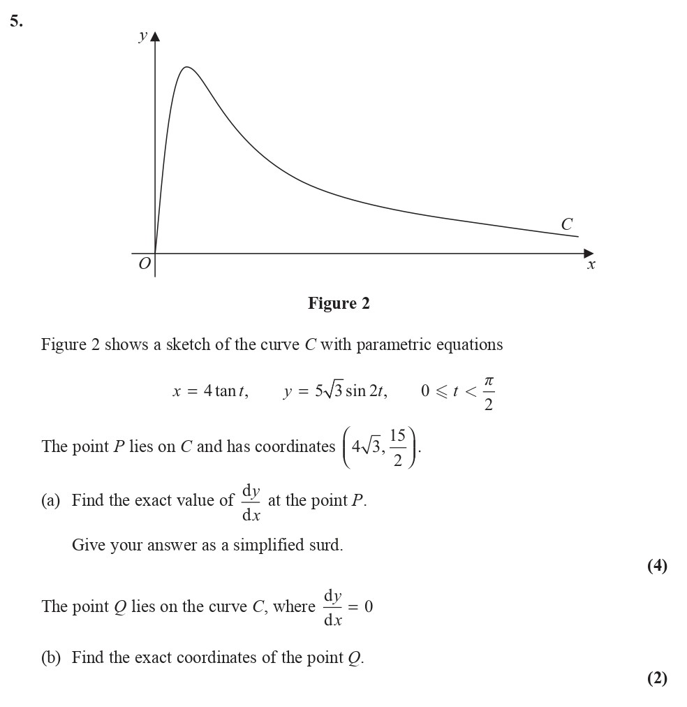 Figure-2-shows-a-sketch-of-the-curve-C-with-parametric-equations--$x-=-4--an-t$,---$y-=-5--rac{-oot{3}}{2}--ext{sin}-2t$,---$0--leq-t--leq--rac{-ext{π}}{2}$-Edexcel-A-Level Maths Pure-Question 7-2016-Paper 4.png